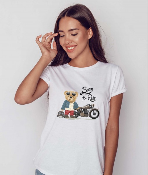 Дамска тениска с щампа Мечета Born to ride bear